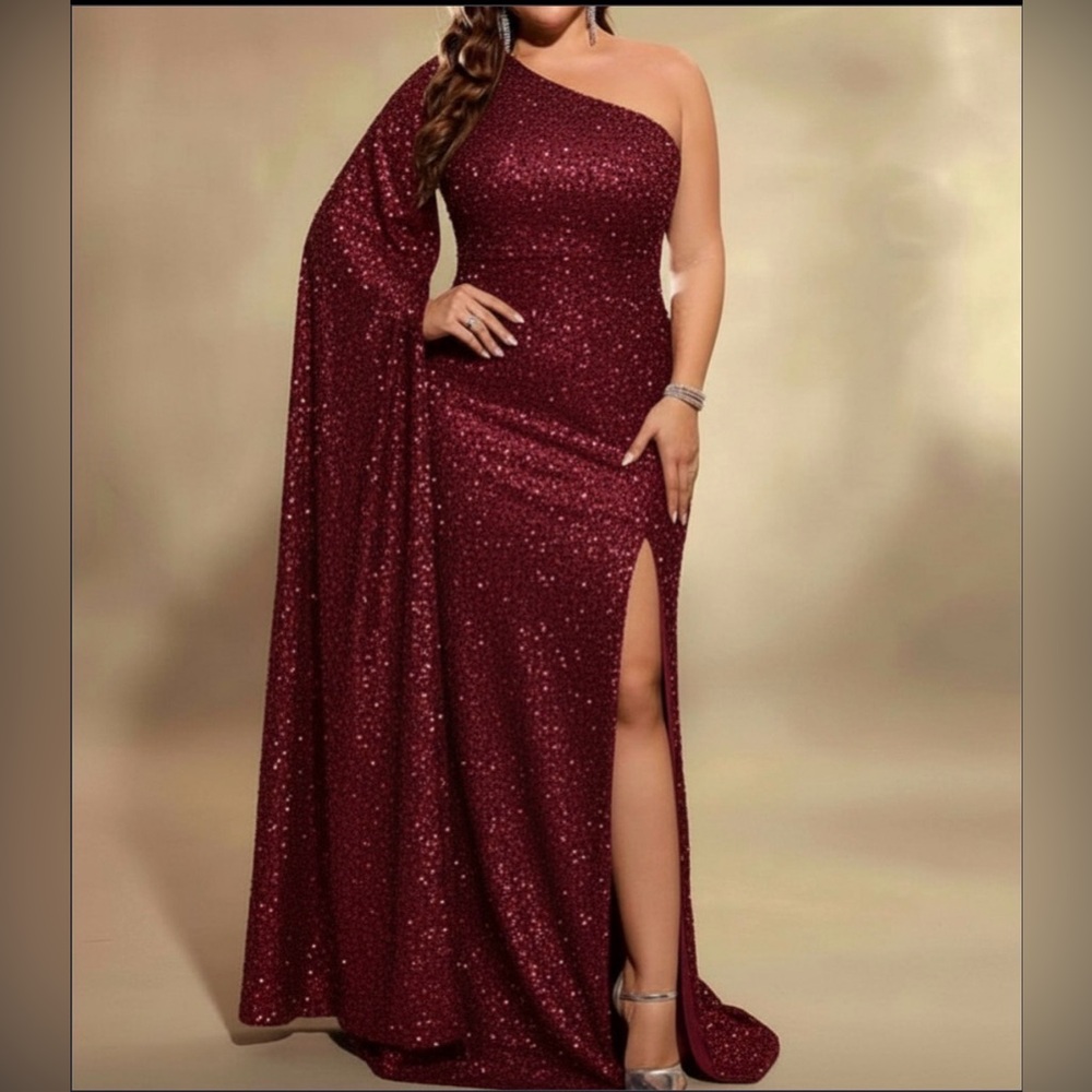 #250 Burgundy One Shoulder All Over Sequin Gown - Size 5X/24/26